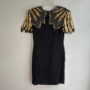 VTG Scala Embellished Silk Cocktail Dress Medium ? Black Gold 80s Glam Mobwife